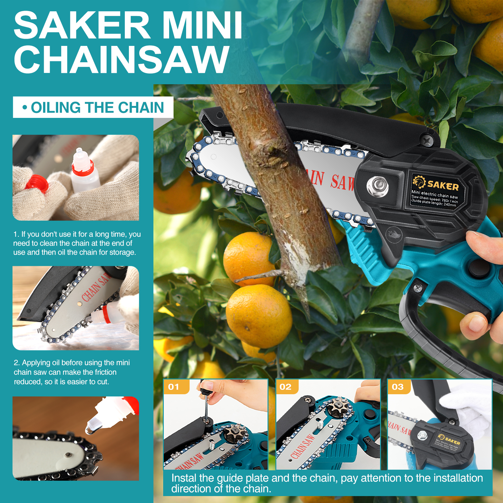 Saker 4 Inch Mini Chainsaw， Portable Electric Chainsaw Cordless， Handheld Chain Saw Pruning Shears Chainsaw for Tree Branches ， Courtyard， Household and Garden( Chainsaw + 2 Batteries)