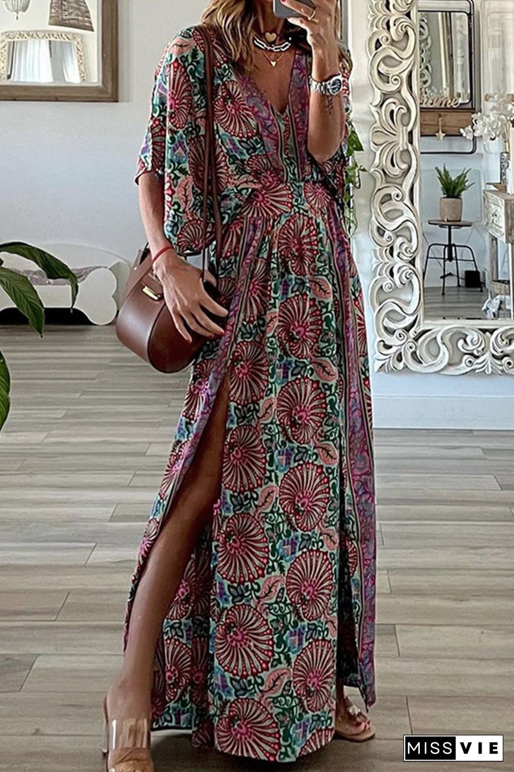 College Floral Slit V Neck Printed Dress Dresses