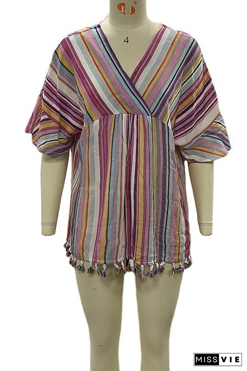 Colorful Stripe Print V-neck With Tassels Dress Cover Up Wholesale