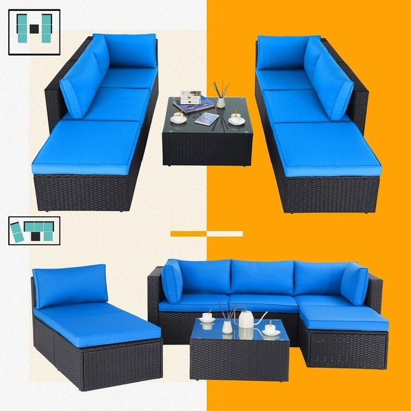 Bossin 7 Pieces Patio Furniture Sets，Outdoor Sectional Sofa，Rattan Wicker Couch with Washable Cushions and Glass Table