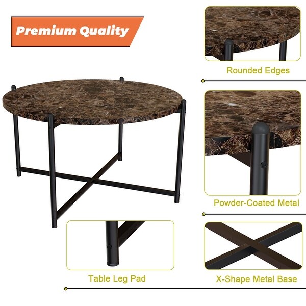 Round Coffee Table and 2pcs Side Table， Living Room Table Sets with Faux Marble Tabletop - 15.5