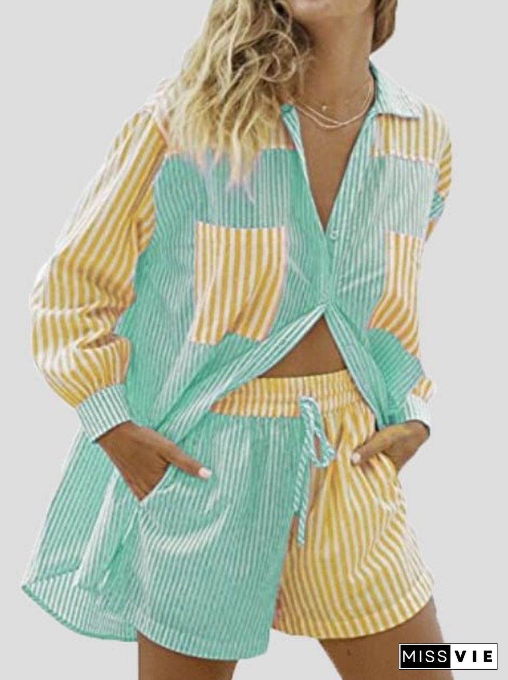 Women'S Sets Striped Shirt & Pocket Shorts Two-Piece Set