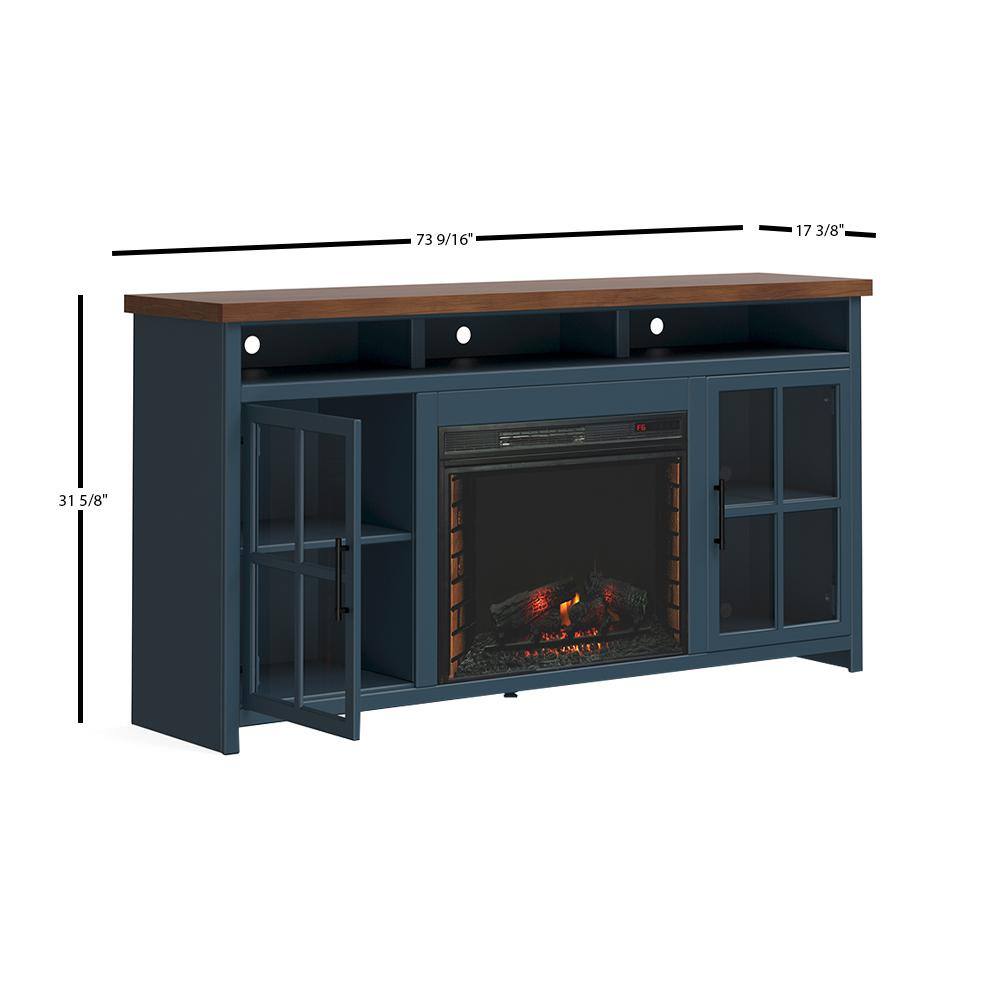 Bridgevine Home 74 in. Fully Assembled Blue and Brown TV Stand with Electric Fireplace Fits TV's up to 85 in. NT5110.BWK