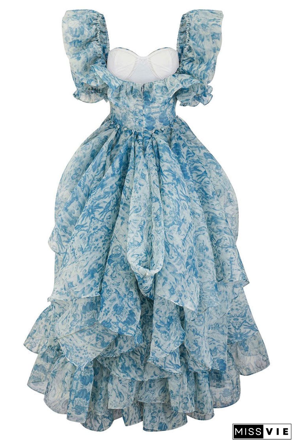 Romantic Puff Sleeve Floral Organza Layered Ruffle Split Gown Dress - Blue