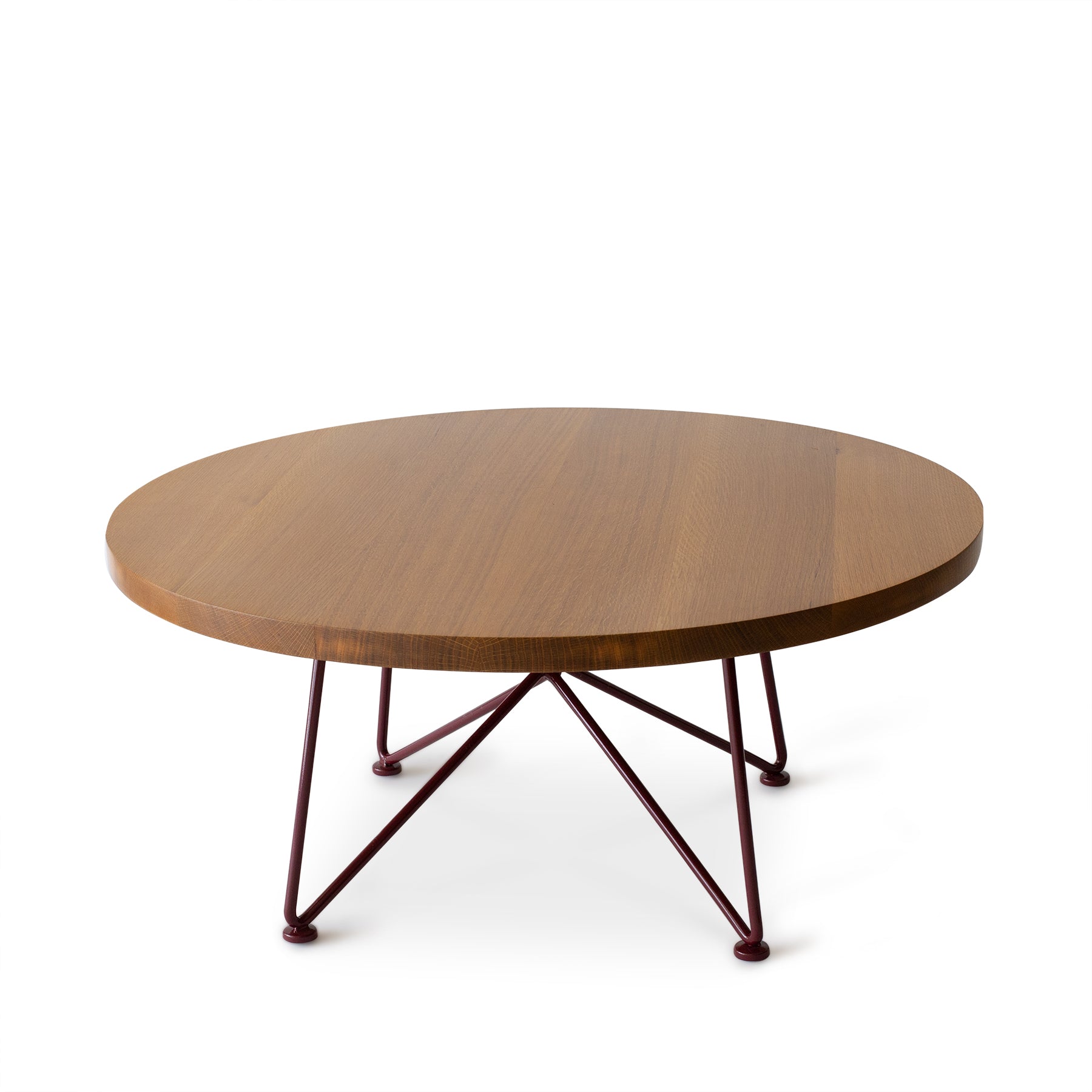 Oak Cocktail Table with Burgundy Base – Elegant, Timeless, and Stylish Design