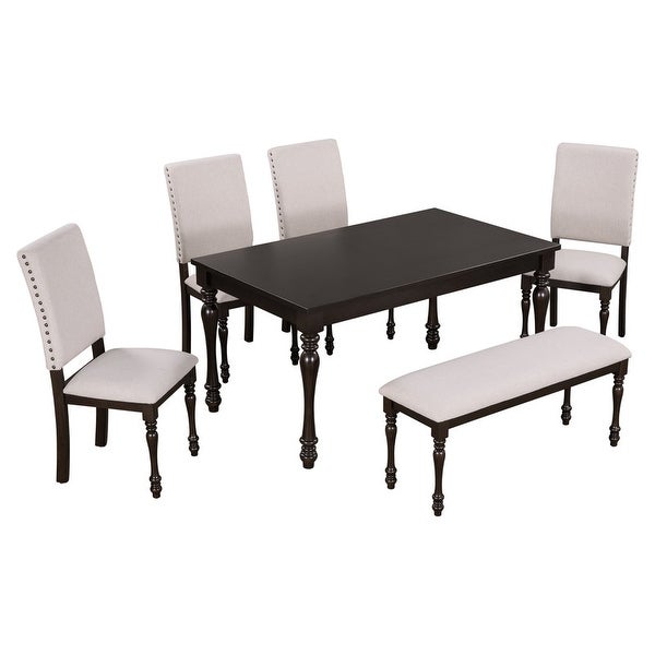 Designed 6-piece dining table set with wooden dining table， 4 upholstered chairs， nail head trim and kitchen dining bench