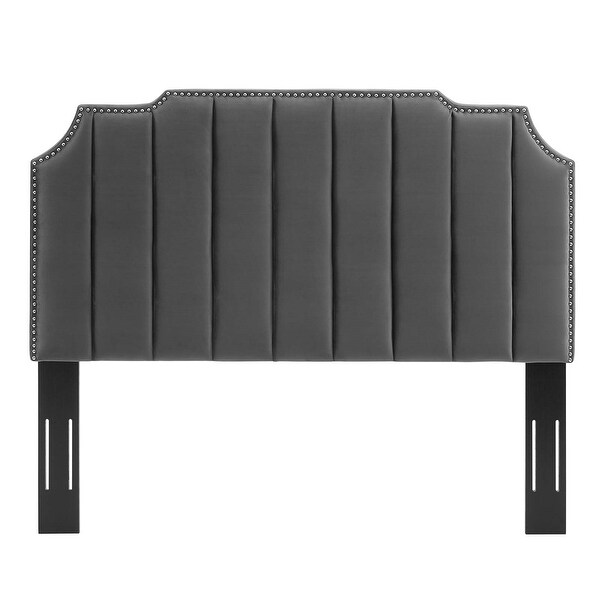 Littleton Channel Tufted Charcoal Velvet Upholstered Twin Size Headboard with Nailhead Trim - - 34139020