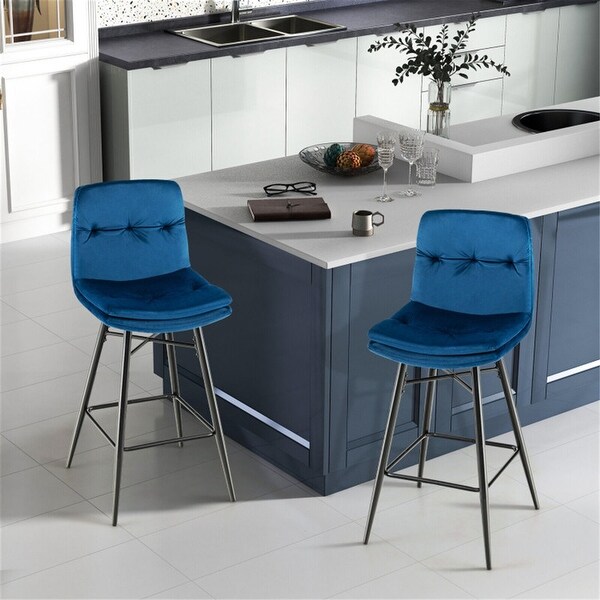 Velvet Bar Stools Set with Tufted Back and Footrests (Set of 2)