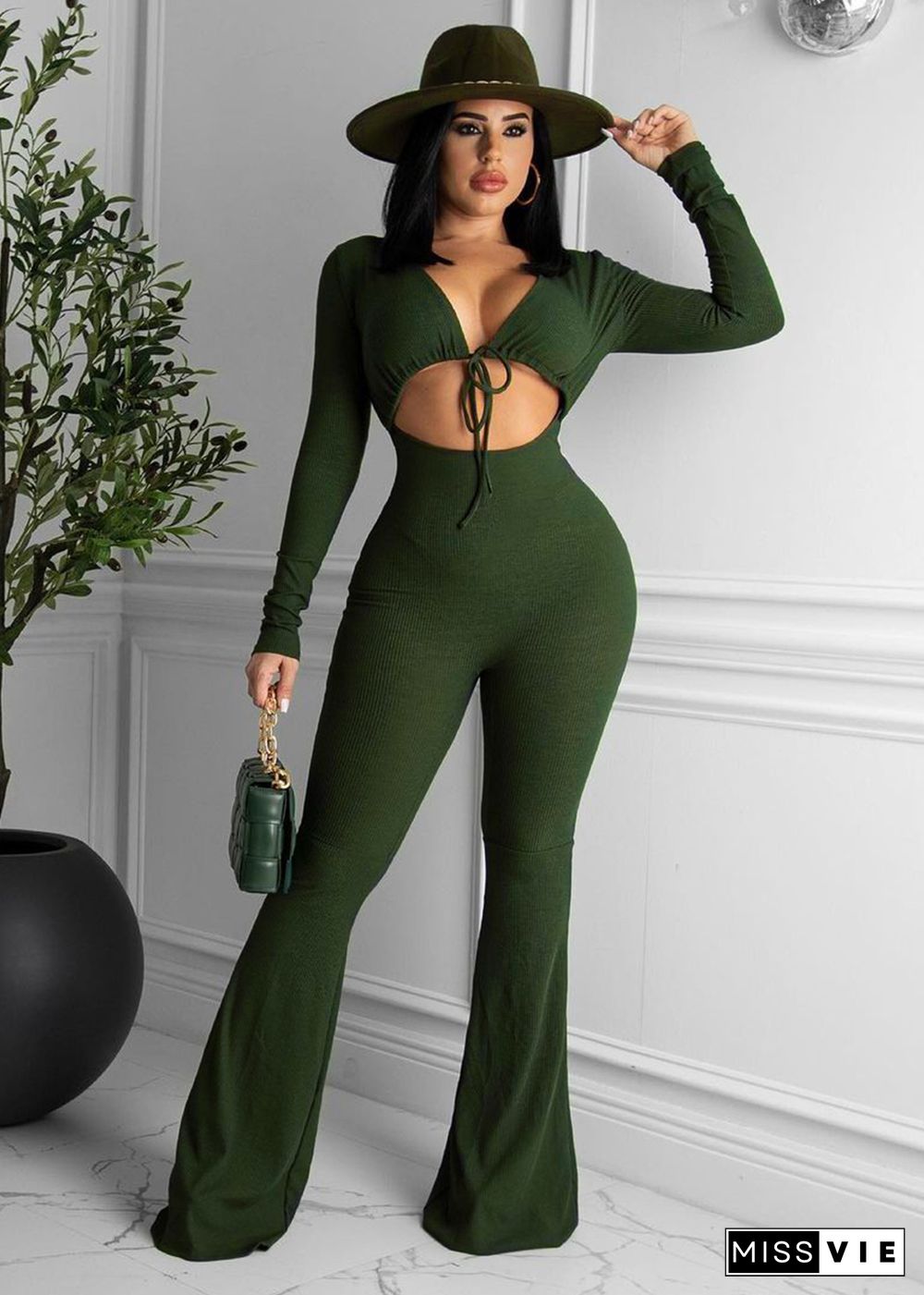 Ribbed Cut Out Lace Up Skinny One Piece Jumpsuit