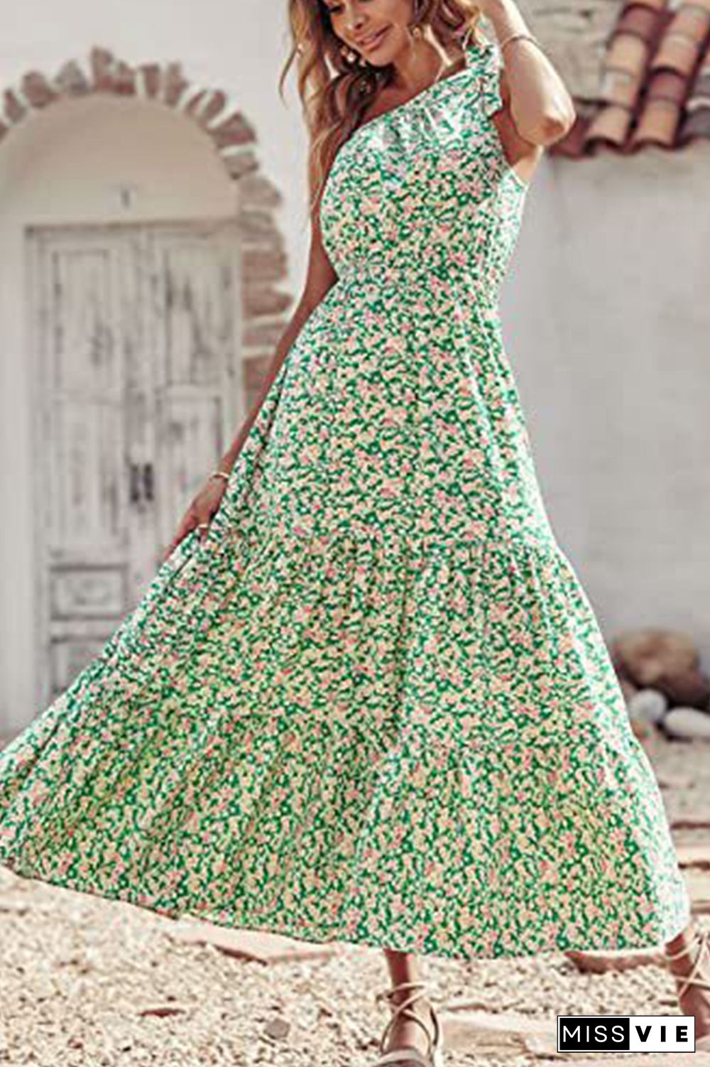 Floral Print One Shoulder High Waist Dress Wholesale