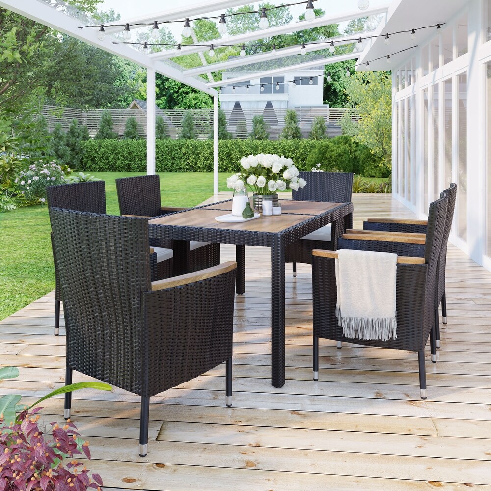 7 Piece Dining Sets and PE Rattan Steel Frame Armchair with Cushions  Patio Wicker Acacia Wood Dining Table  Black/ Natural