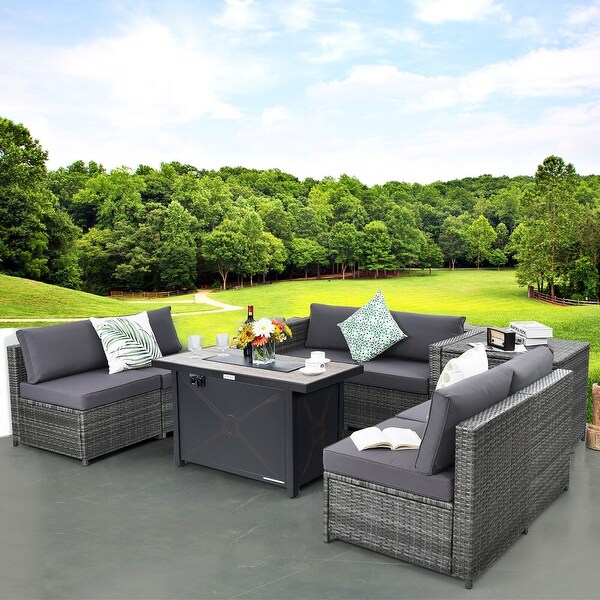 Gymax 9 PCS Patio Rattan Furniture Set Fire Pit Table Storage Black W/