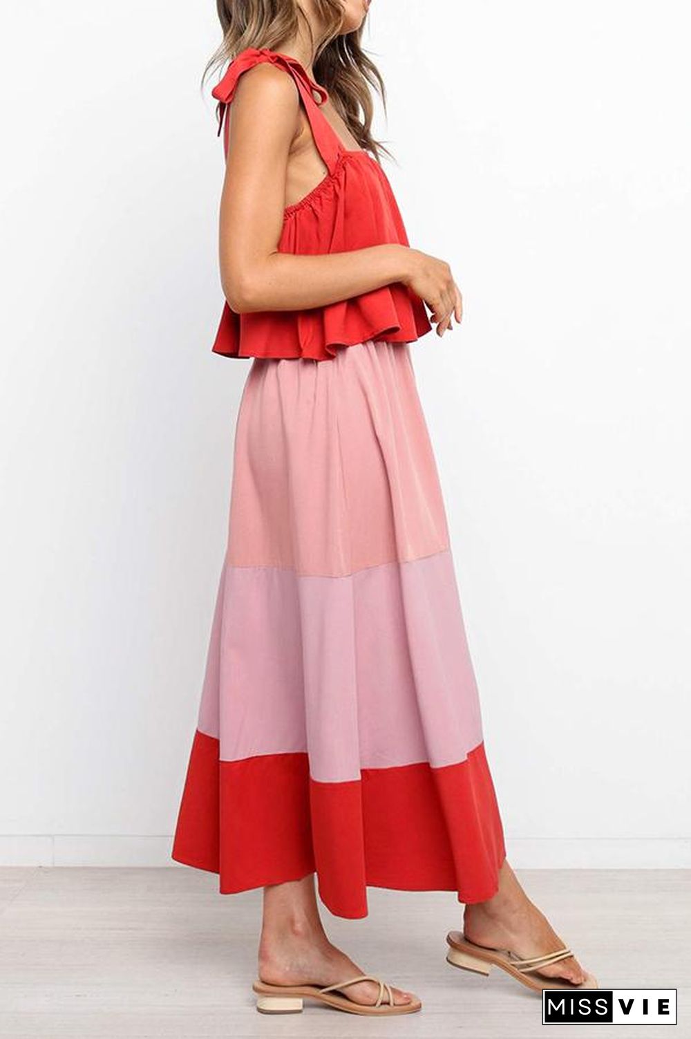 Lace-up Ruffled Colorblock Maxi Dress P13032