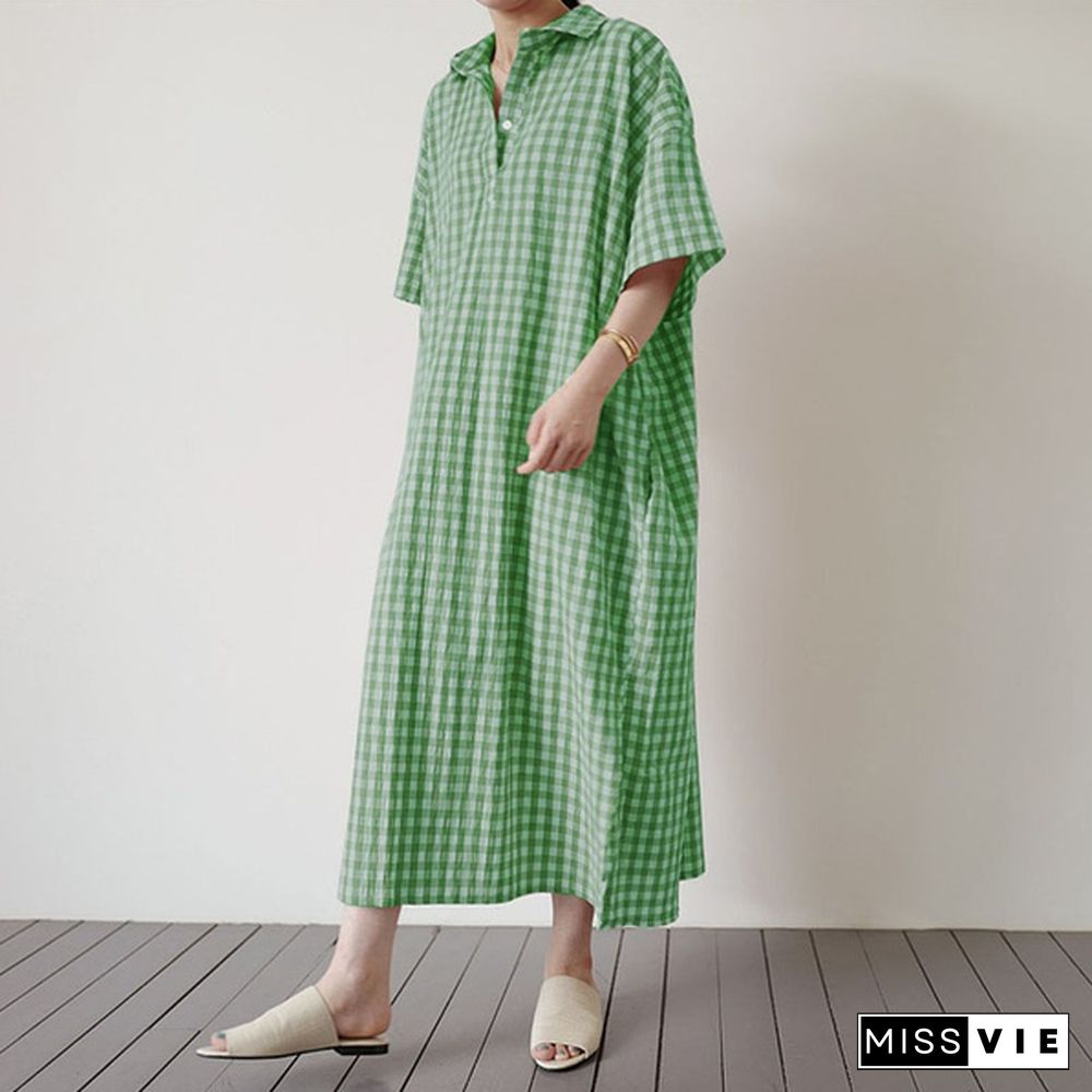 Women Half Sleeve Collared Kaftan Casual Grid Printed Button Down Plus Size Long Maxi Shirt Dress