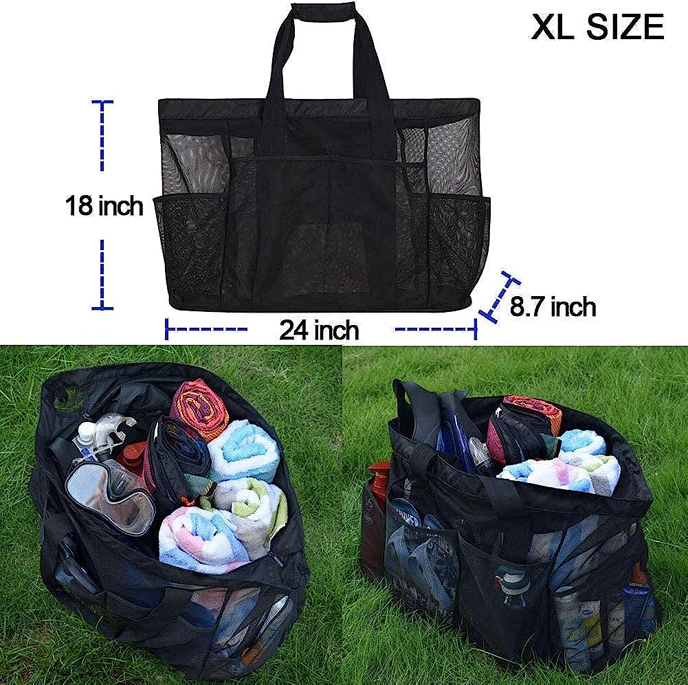 GOTDYA Extra Large Beach Bag, XL Mesh Tote with Zipper and Pockets Ideal for Your Family Beach Trip