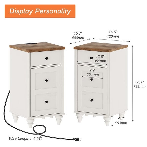 Set of 2 End Tables with Charging Station and Storage Cabinet， Off White