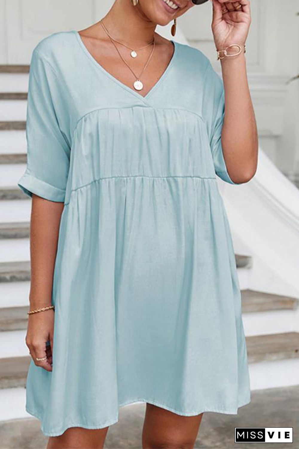 Solid Color V-neck Short Sleeve Dress Wholesale