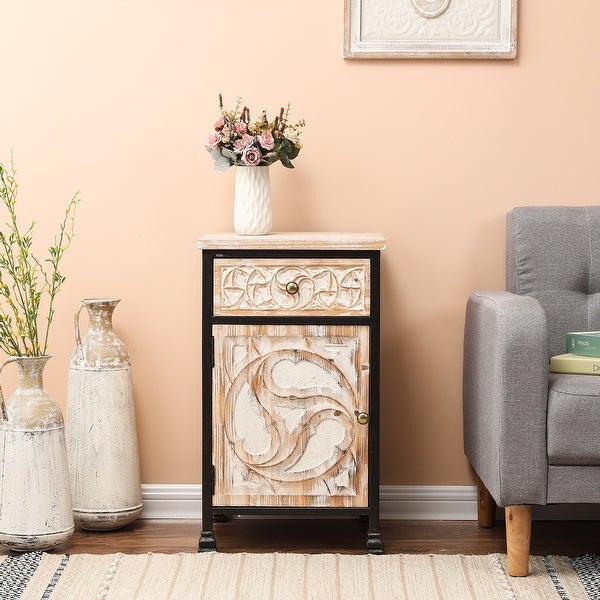 Black Metal Frame and Carved Wood 1-Door 1-Drawer End Table with Storage - 25.875