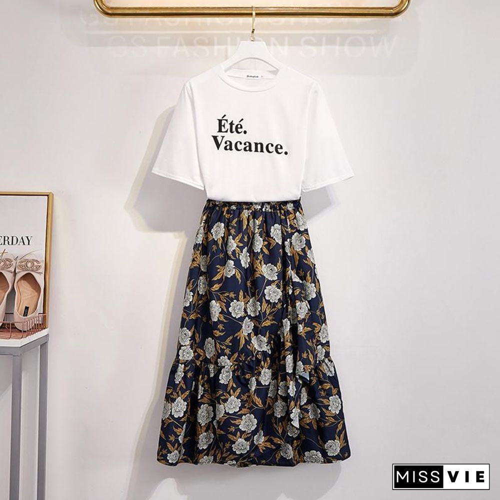 Elegant Letter Tee+Floral Skirt P11380