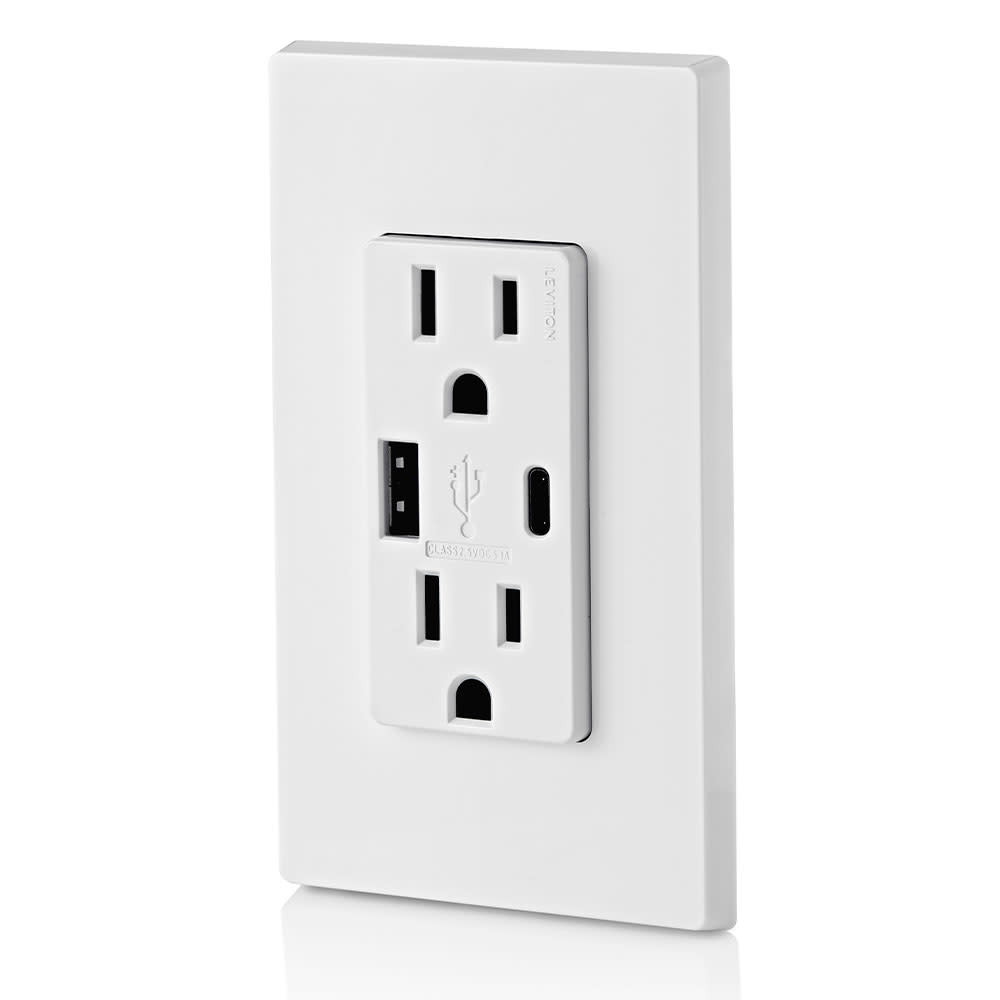 Leviton Outlet with USB Type A/C Charger 15A 125V 5-15R White