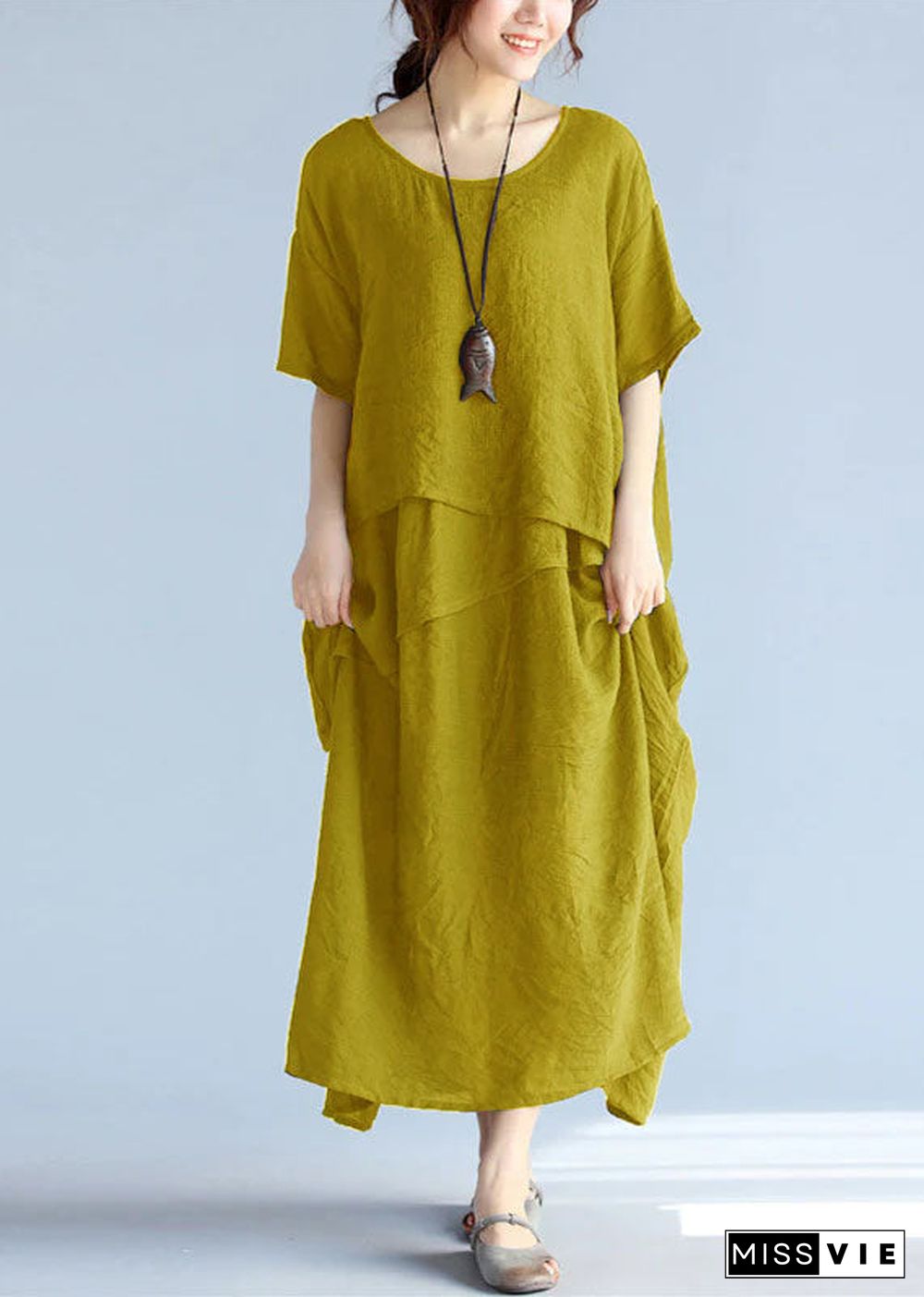 baggy Yellow long linen dresses oversized layered cotton maxi dress vintage short sleeve cotton clothing