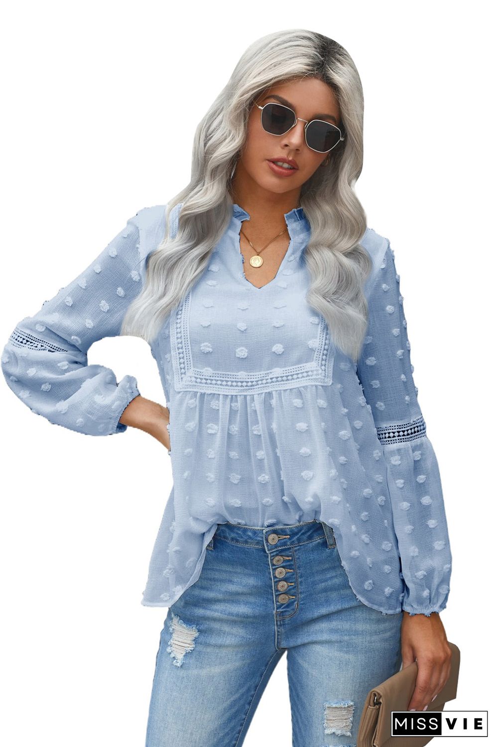 Blue Ruffled Split Neck Lace Hollow Out Puff Sleeve Polka Dot Blouse