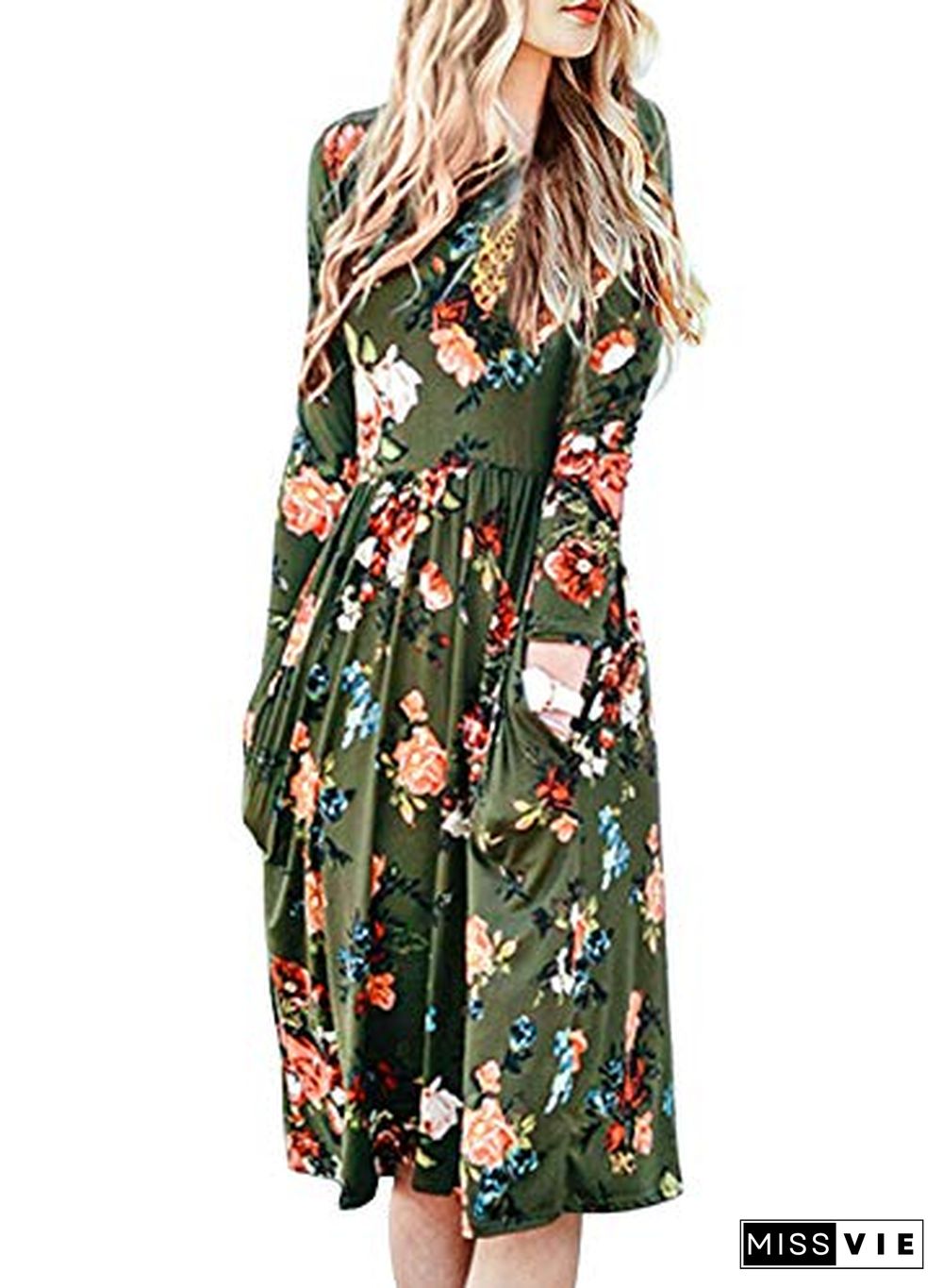 Casual Round Neck Elastic High Waist Floral Midi Dress