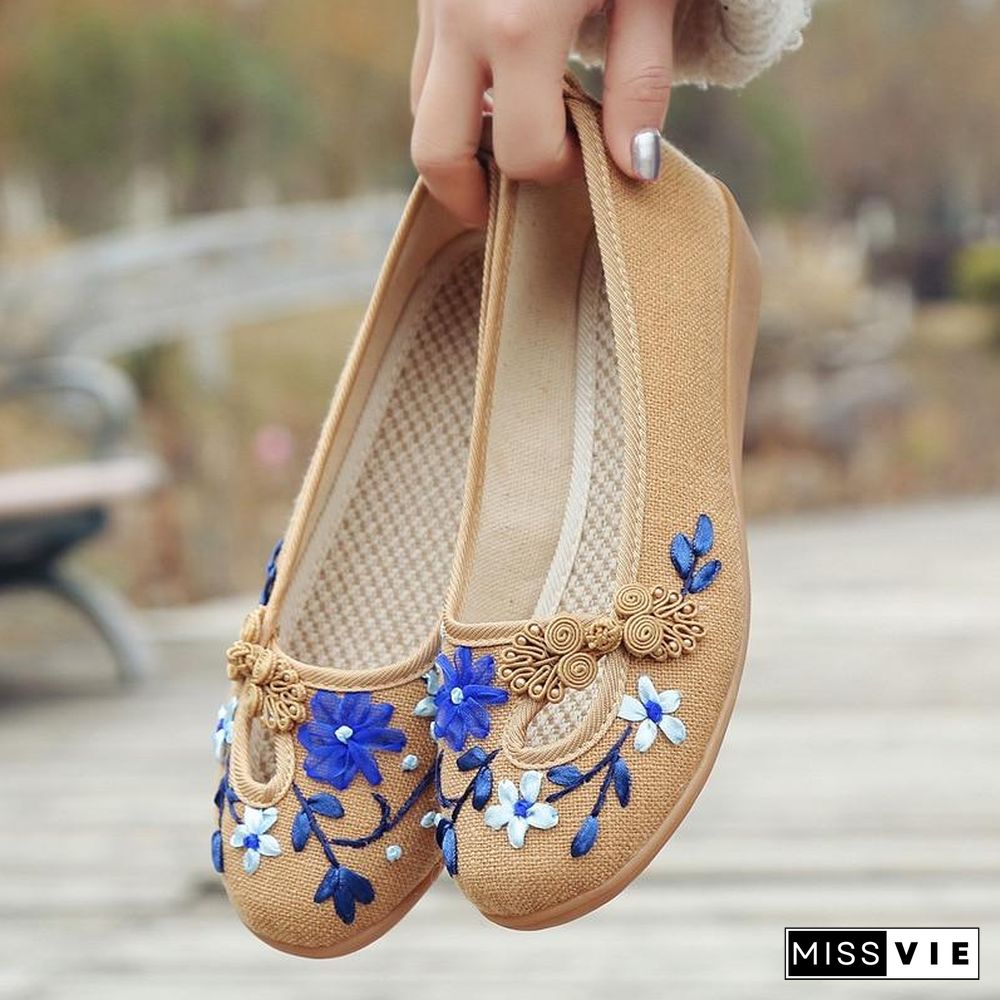 3D Flowers Women Linen Slip On Ballet Flats Breathable Fabric Shoes