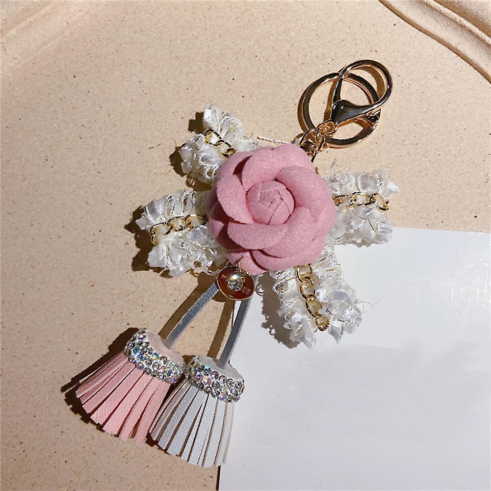 Camellia Creative Flower Tassel Keychain Cute Girl Car Key Chain For Pendant Handbag Wallet Ornament For Birthday Anniversary Girls Gifts Khaki