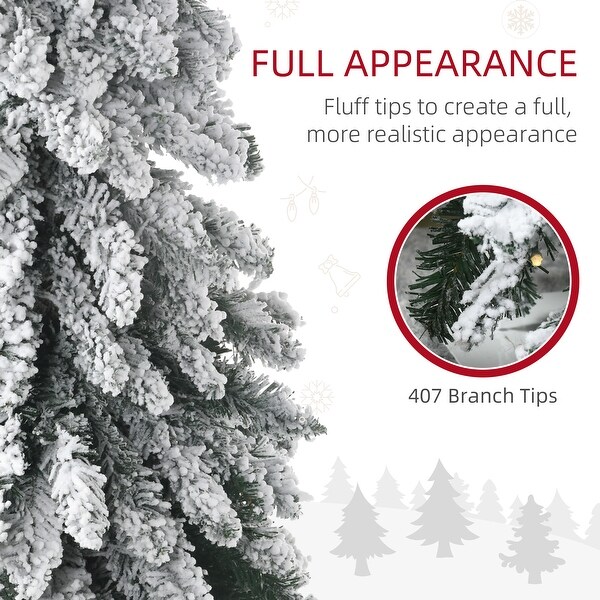 HOMCOM 6ft Tall Prelit Pencil Artificial Christmas Tree Holiday Décor with 407 Snow Flocked Branches Downswept Shape