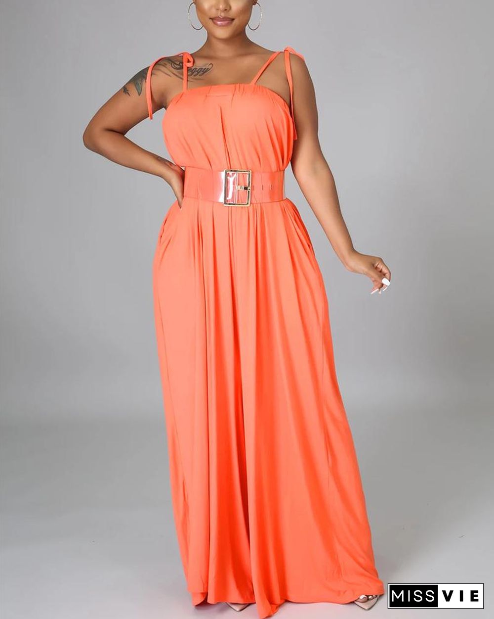 Solid Color Sleeveless Pocket Self Tie Wide Leg Jumpsuit