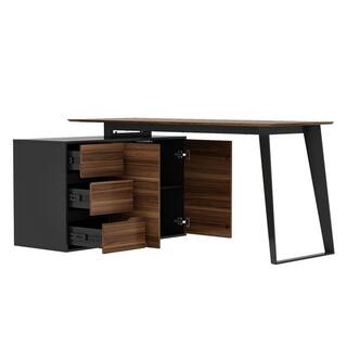 FUFUGAGA 54.3 in. Reversible L-Shaped Brown Wood Writing Desk Office Workstation With Adjustable Shelves Drawers Doors Cabinet KF210181-01