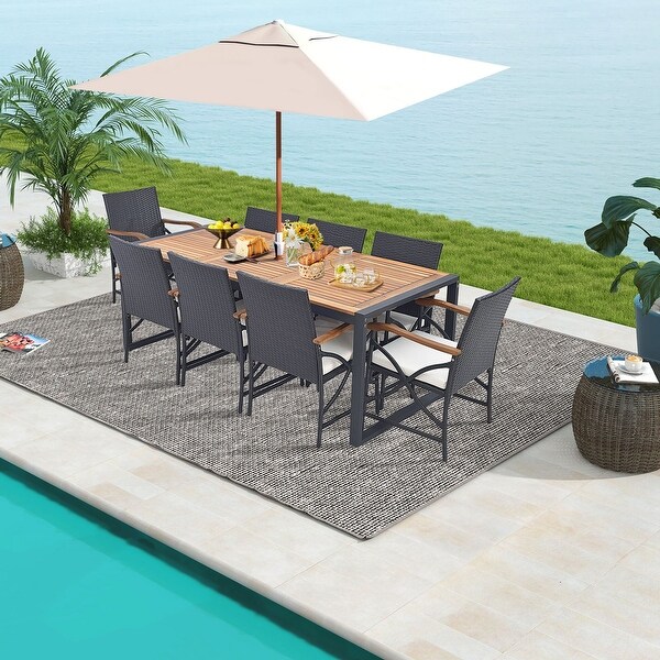 Costway 9 Pieces Patio Rattan Dining Set with Acacia Wood Table，1.9