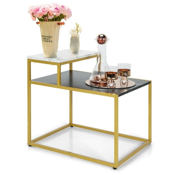 2-Tier Side Table with Metal Frame and Marble Finish Tabletop