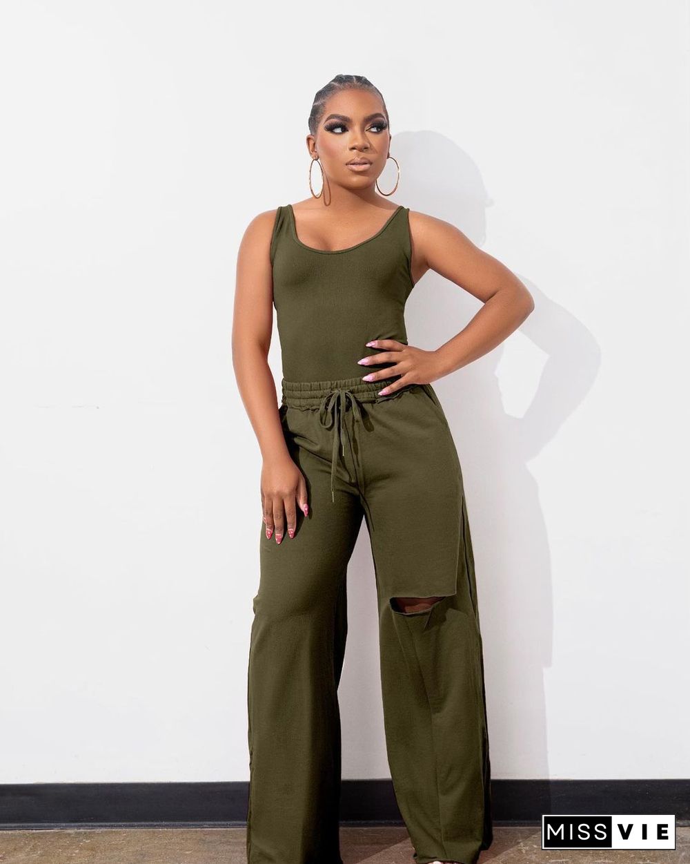 Solid Color Vest Hole Wide Leg Pants Two-piece Set