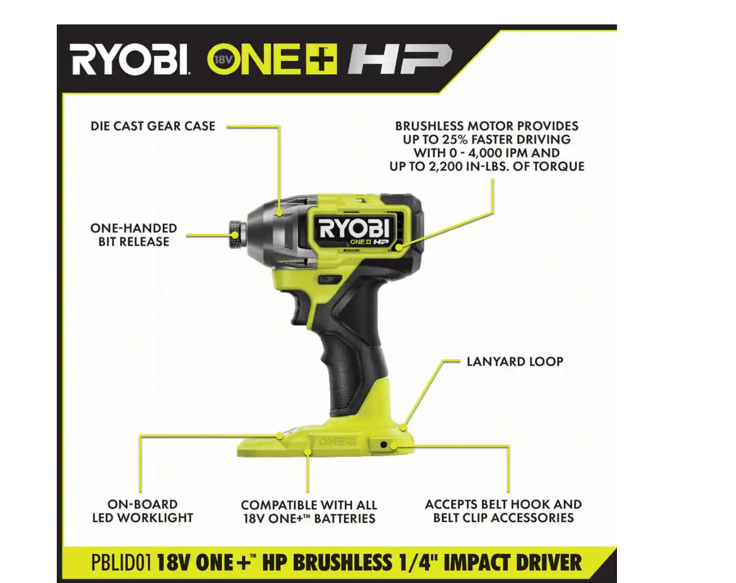 RYOBI PBLID01B ONE+ HP 18V Brushless Cordless 1/4 in. Impact Driver (Tool Only)