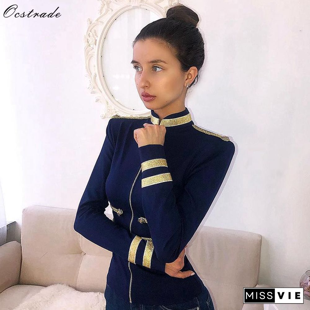 Ocstrade Outerwear Women Jackets Spring Autumn Coat New Navy Blue Elegant High Quality Long Sleeve Bandage Jacket Bodycon