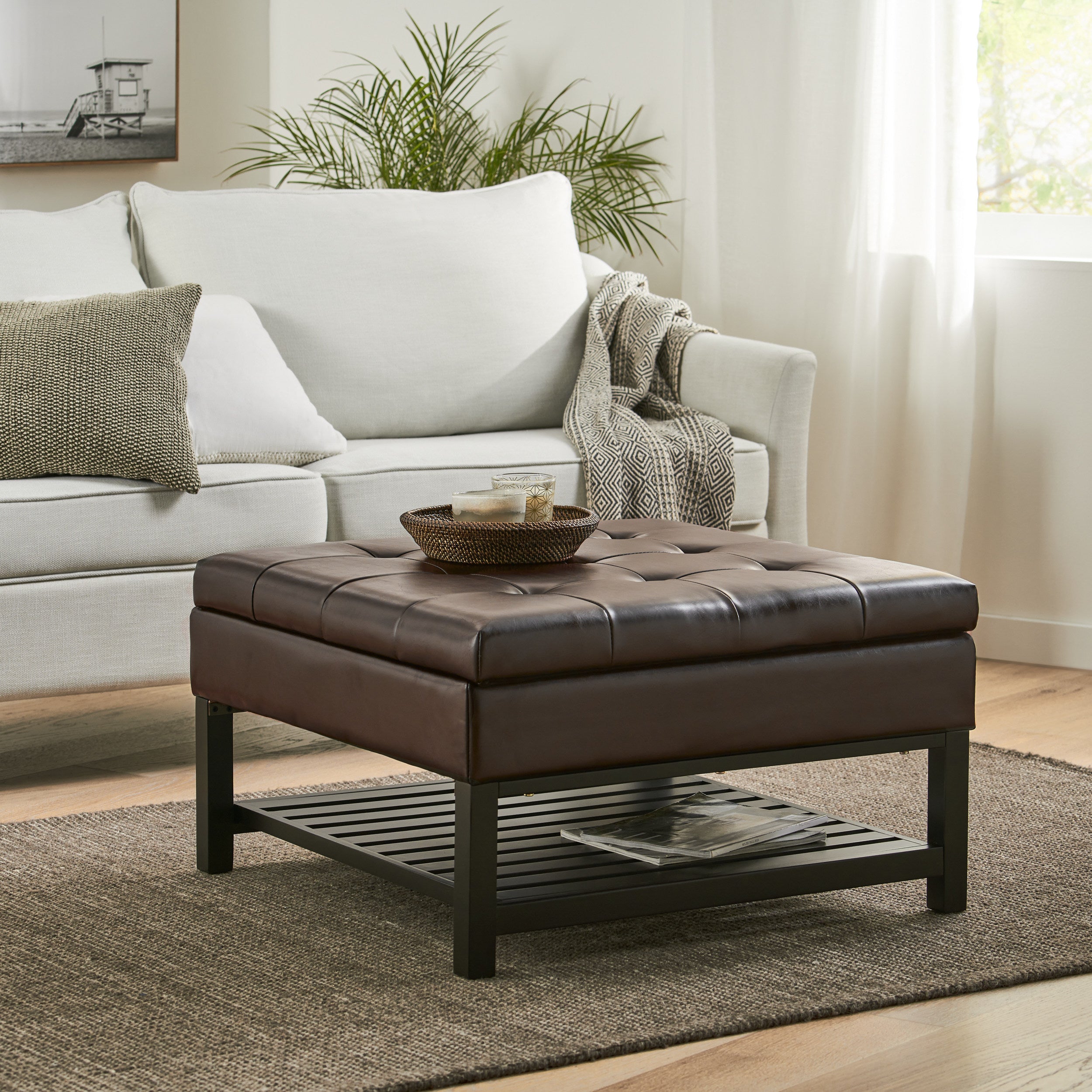 Finn Tufted Brown Leather Square Storage Ottoman Coffee Table