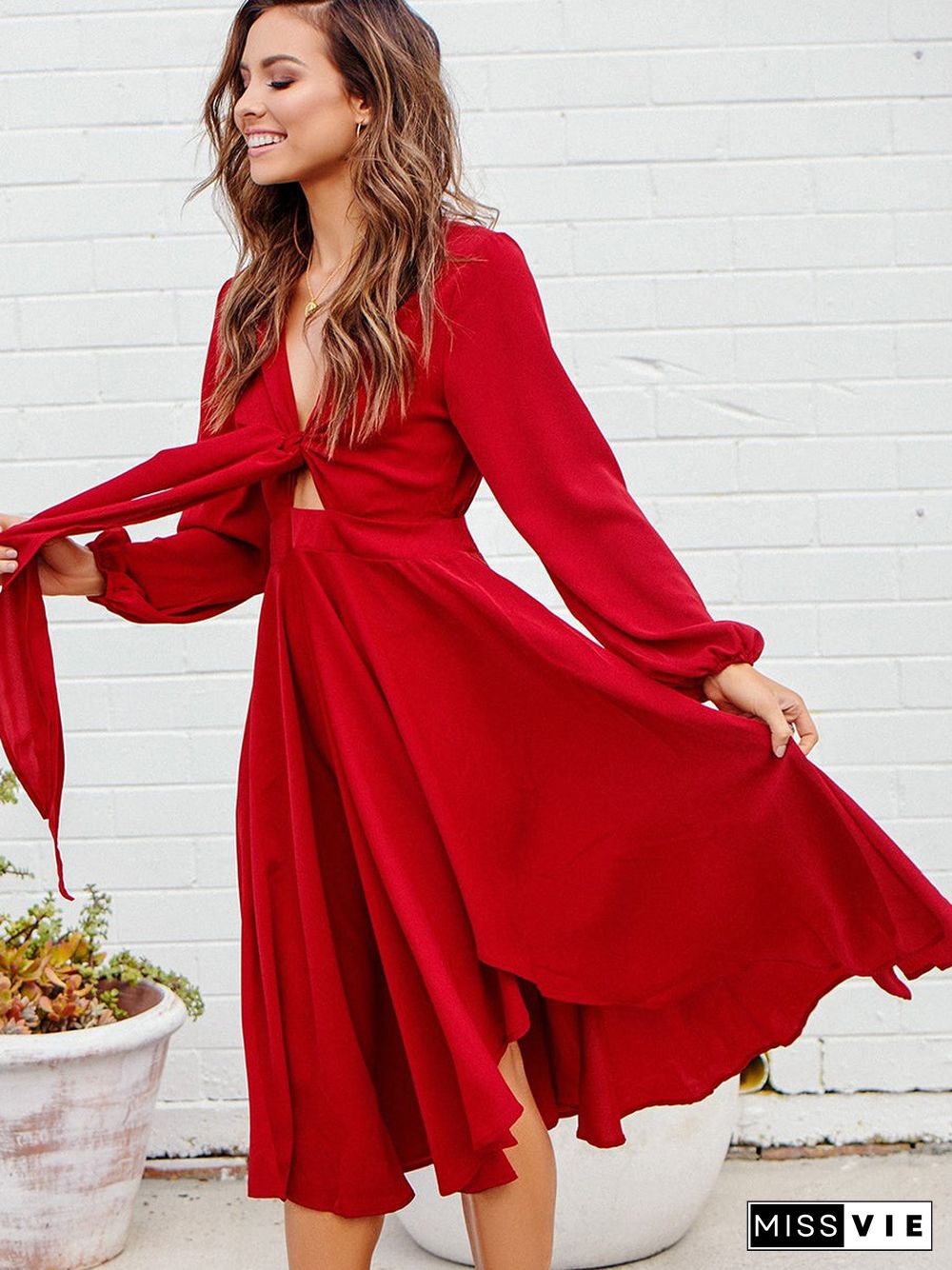 Red Deep V-Neck Long Sleeve Belt Dress