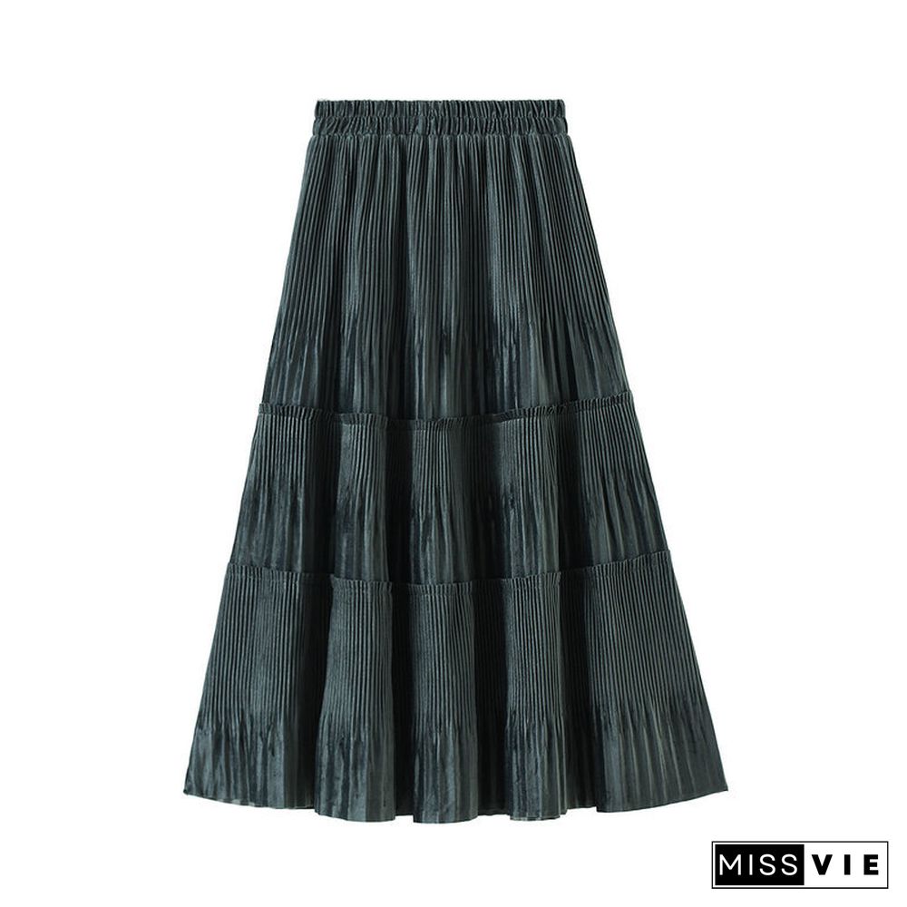 Solid Color Female Vintage Long Velvet Pleated Skirt Women Autumn Winter Elegant Fashion Ladies High Waist A Line Skirt