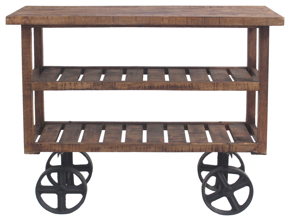 Golden Mango Wood Trolley Console With Shelves on Heavy Iron Wheels   Industrial   Console Tables   by Moti  Houzz