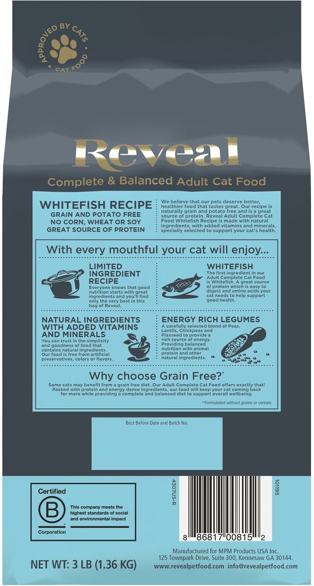 Reveal Natural Complete and Balanced Grain Free Whitefish Recipe Dry Cat Food， 3-lb bag