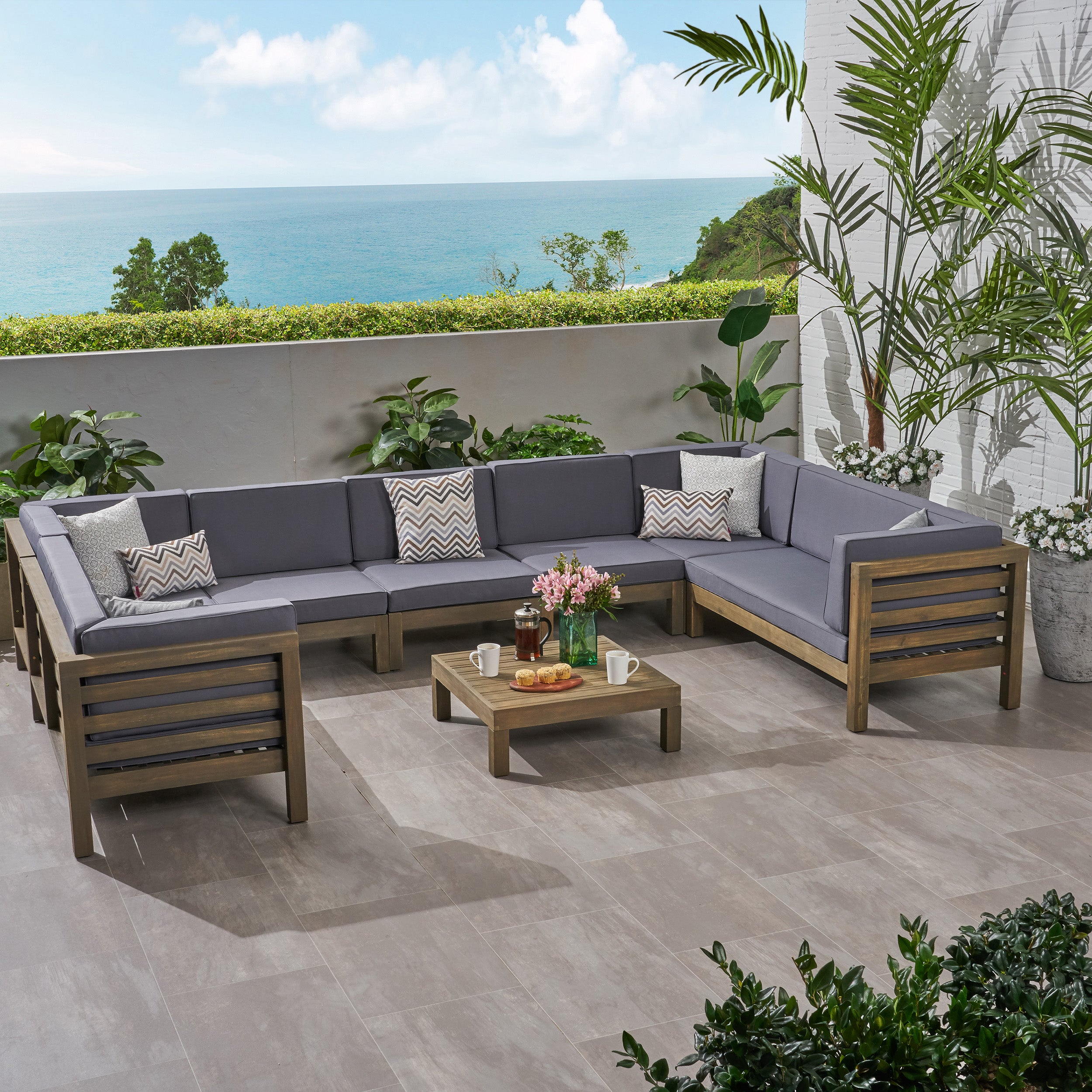 Emma Outdoor 9 Seater Acacia Wood Sectional Sofa Set