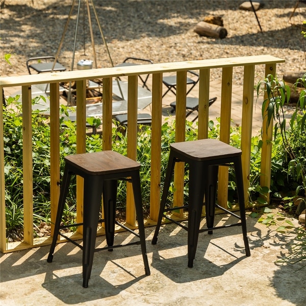 Homy Casa Stackable Metal Counter Stools with Solid Wood Seat