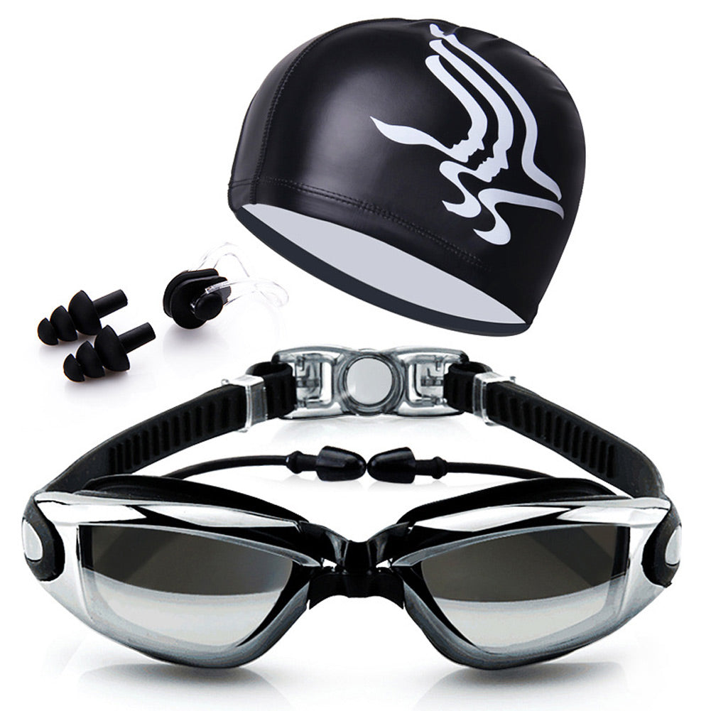 New Adult Swimming Glasses Kit Coated Lens Anti Fog Swim Goggles + Cap + Case + Nose Clip + Ear Plugs