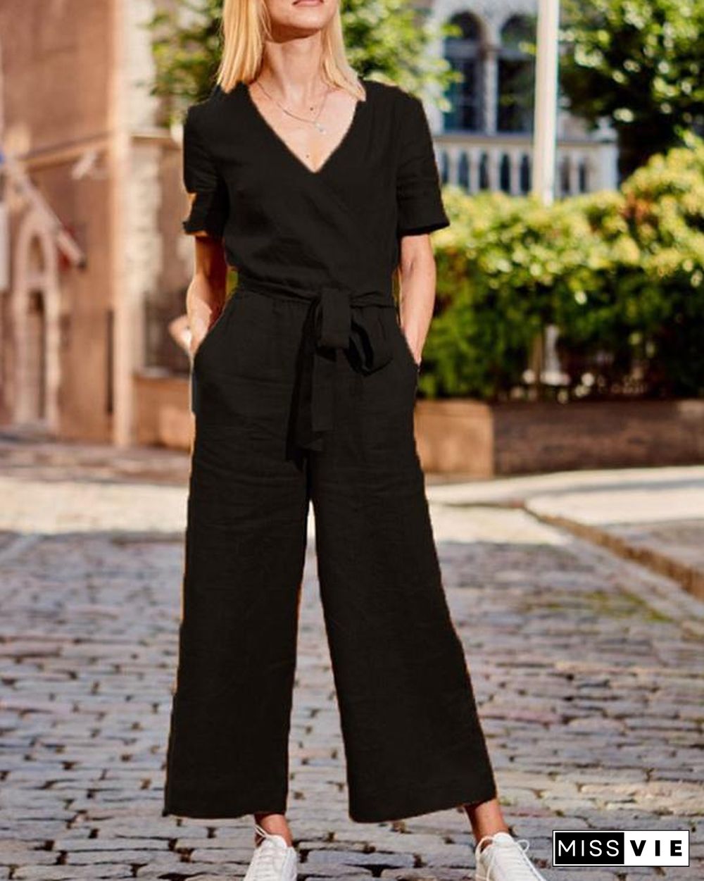 Paneled Solid Cross Front V-neck Casual Jumpsuit