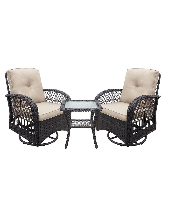 Simplie Fun 3 Pieces Conversation Set Outdoor Wicker Rocker Swivel Patio Bistro Set Rocking Chair with Glass Top Side Table