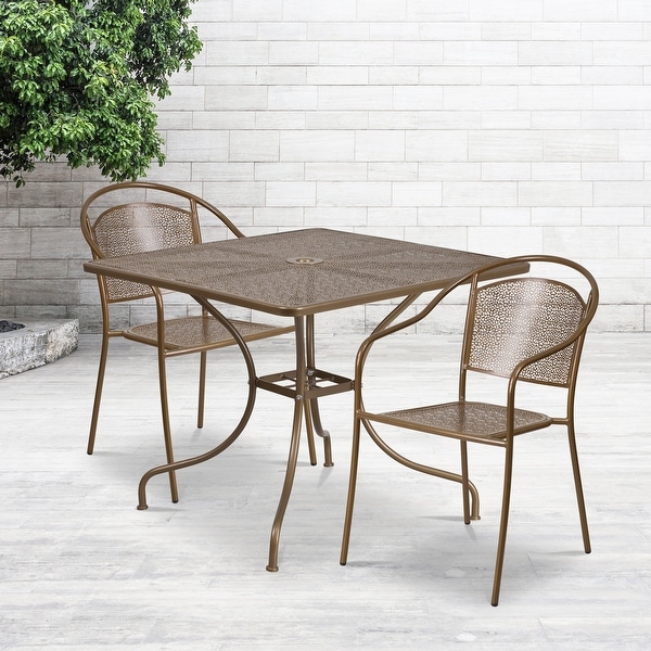 35.5inch Square Steel 3piece Patio Table Set with Round Back Chairs