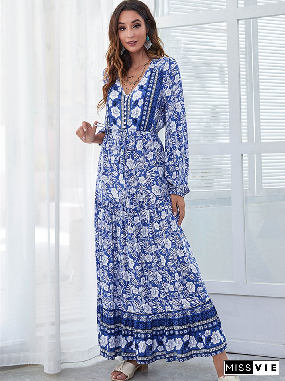 V-neck Fashion Printed High Waist Long Skirt Dress