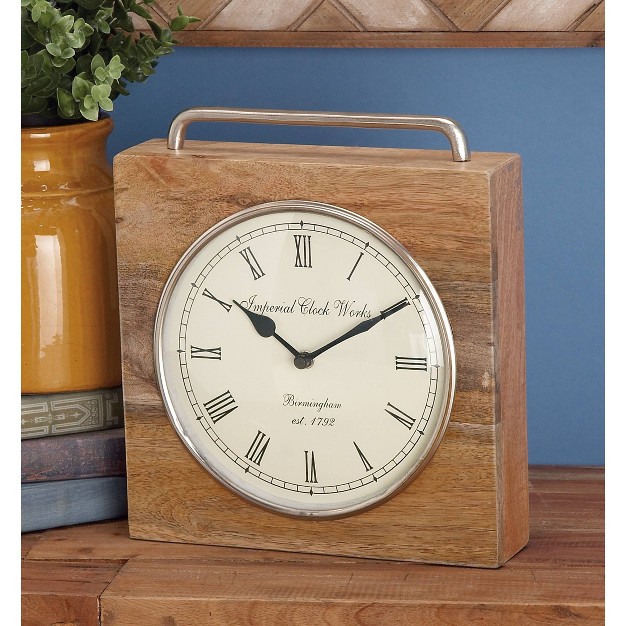 Mango Wood Clock With Silver Top Handle Brown Olivia amp May